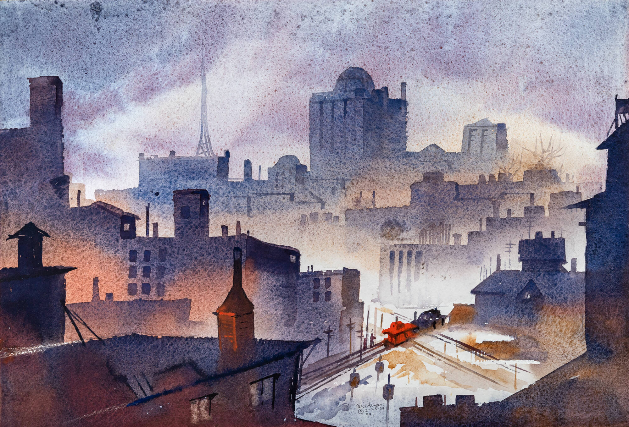 View of a cityscape with brown buildings in foreground, hazy gray buildings in background and train tracks in the center. Bright red caboose on track.